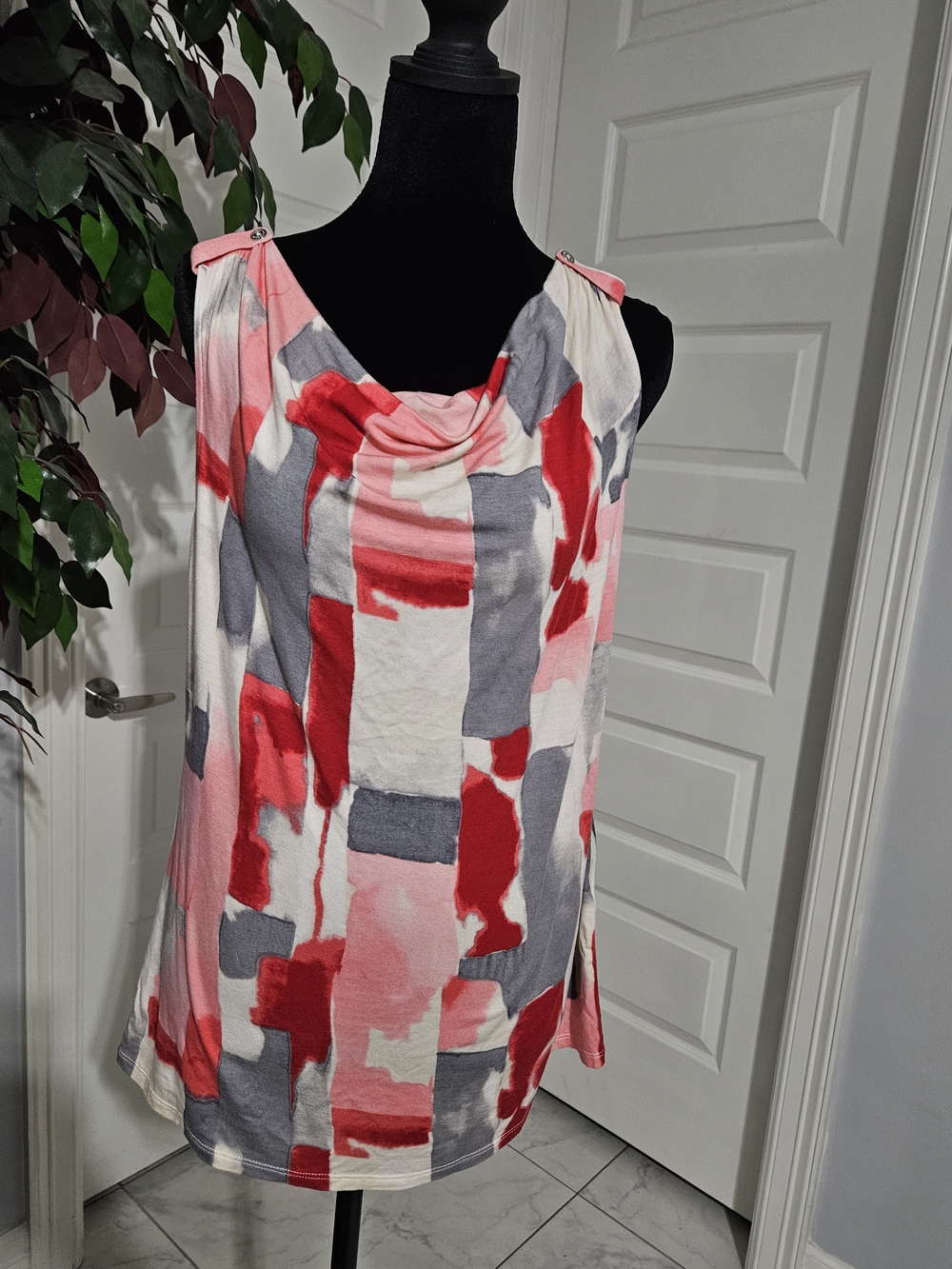 Dana Buchman Pink Red Gray White Abstract Print Cowl Neck Camisole